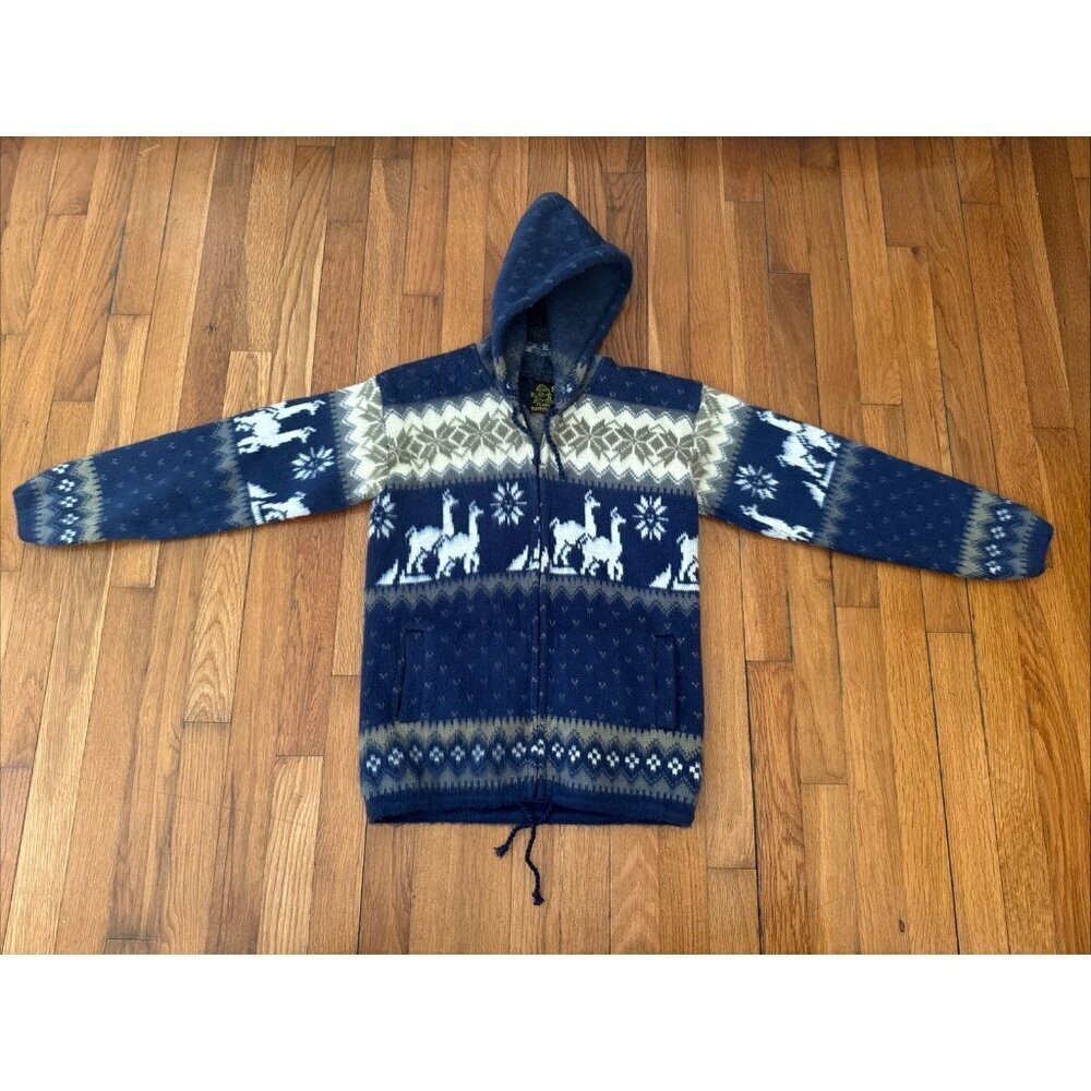 Tejidos Ruminahui Blue White Alpaca Hoodie Zip Sweater Jacket Unisex Kids size 8 - Picture 1 of 6